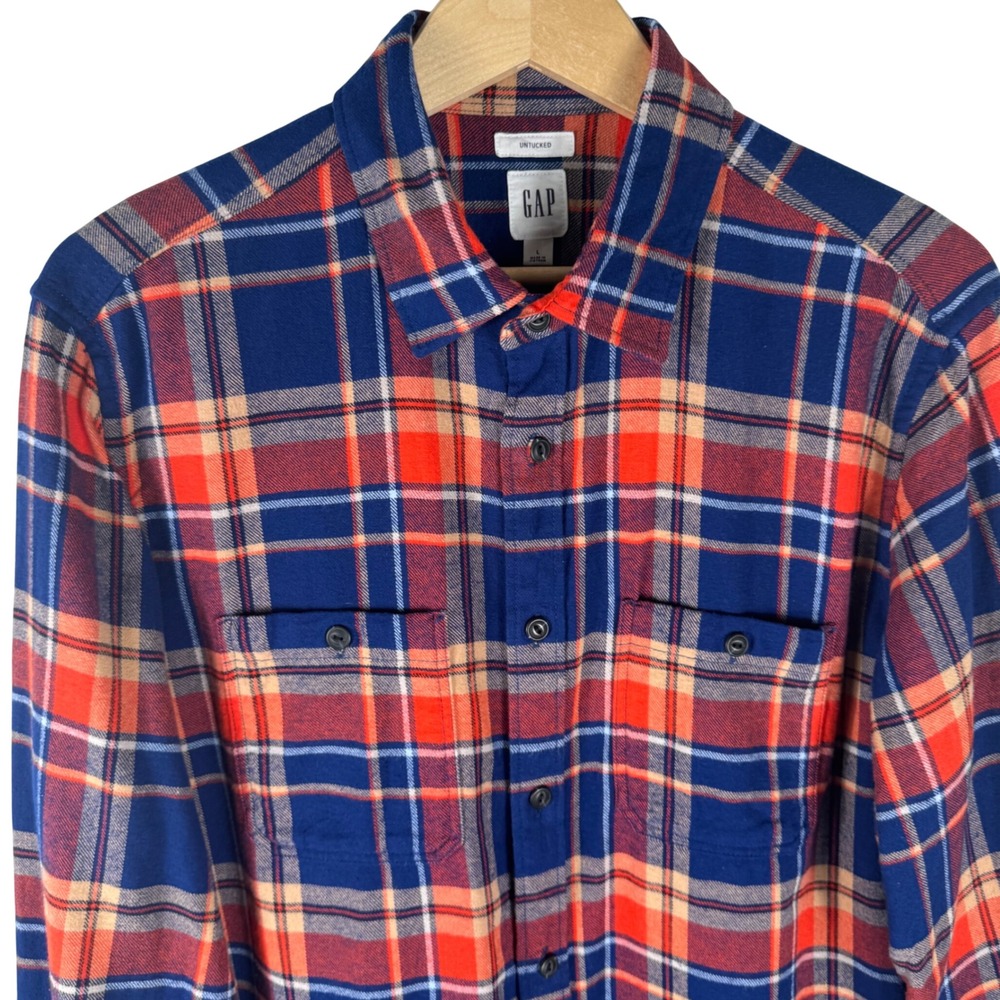 Gap Untucked Flannel Shirt Mens L Blue Orange Plaid Cotton Button Down